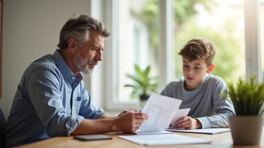 Parent aidant un adolescent à comprendre un relevé bancaire, moment d'apprentissage financier