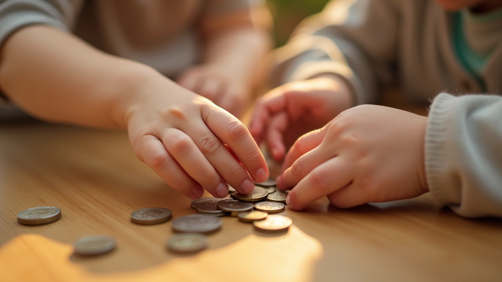 Mains d'un enfant et d'un adulte comptant ensemble des pièces de monnaie sur une table, moment d'apprentissage partagé, ambiance douce et éducative