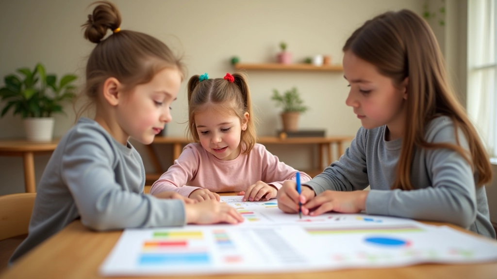 Enfants assis avec un adulte à une table, regardant des documents financiers colorés et des graphiques faciles à comprendre, apprentissage ludique