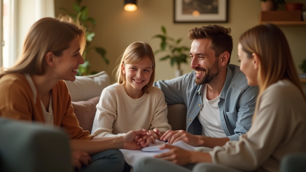 Famille discutant sereinement de ses finances avec une atmosphère positive et détendue
