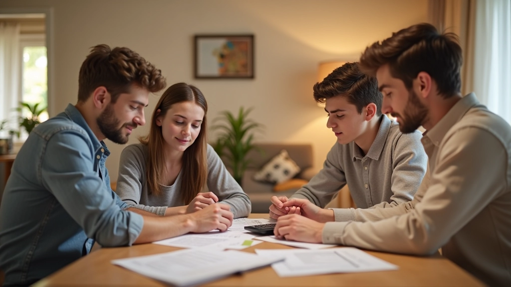Famille autour d'une table avec des documents budgétaires, discutant des finances mensuelles