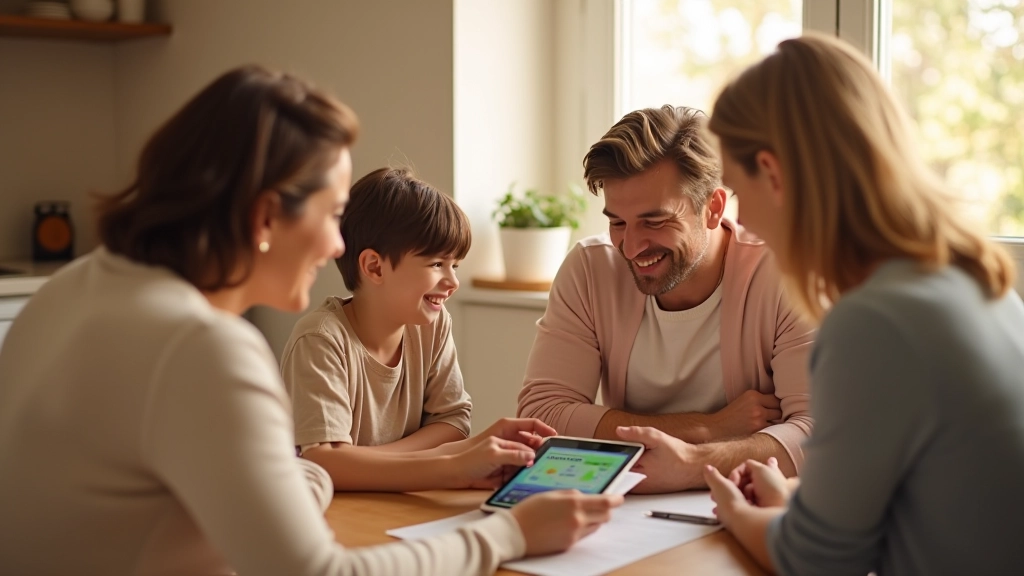 Famille réunie autour d'une table dans une cuisine lumineuse, sourires, application budgétaire visible sur une tablette partagée, moment d'harmonie