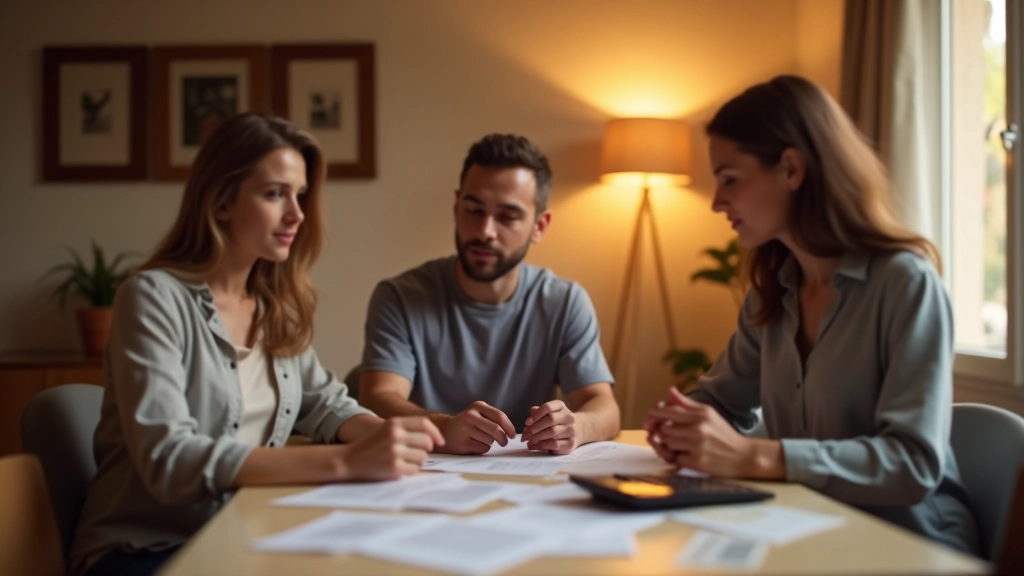 Famille autour d'une table discutant de finances avec documents et calculatrice, moment de partage