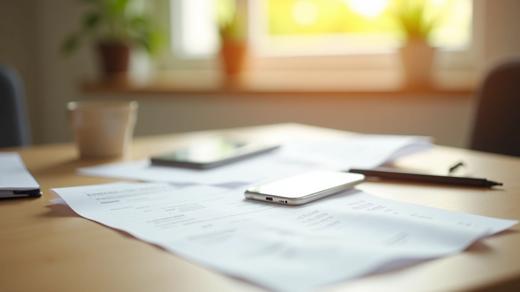Table de cuisine avec reçus, applications de gestion sur téléphone et carnet pour le suivi des dépenses