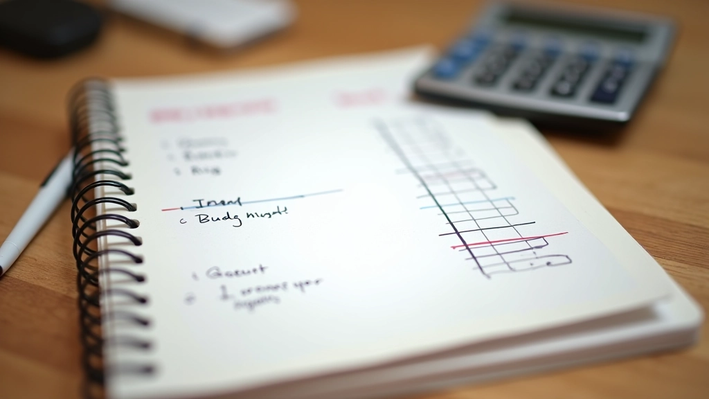 Carnet de budget ouvert avec stylo et calculatrice sur table en bois, feuilles avec catégories de dépenses écrites à la main