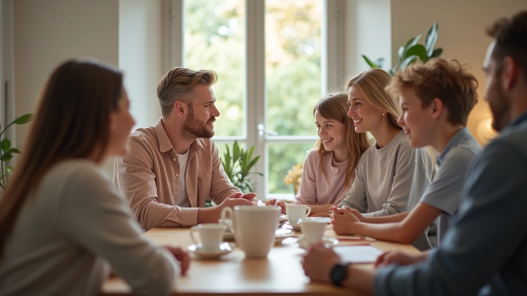 Famille discutant autour d'une table