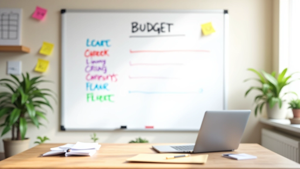 Tableau blanc avec catégories de dépenses écrites en marqueur coloré, sticky notes avec chiffres, ordinateur portable ouvert en arrière-plan