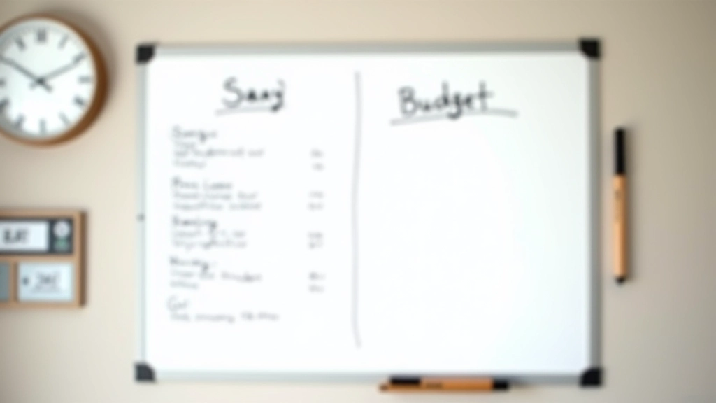 Tableau blanc avec notes manuscrites montrant les catégories de budget d'une famille, dépenses, économies et objectifs annotés à la main