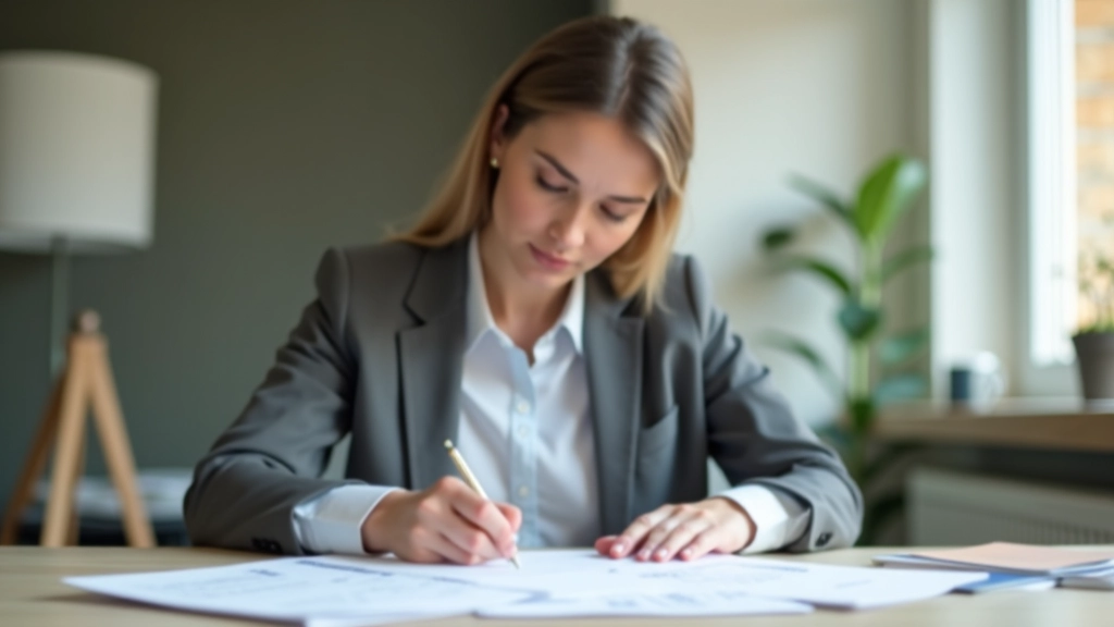 Femme travaillant sur un tableau de budget mensuel avec un stylo, documents organisés sur le bureau