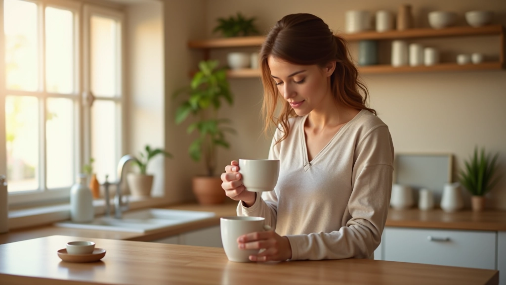Femme préparant son café le matin dans sa cuisine avec cafetière, en pyjama, lumière du soleil naturelle par la fenêtre