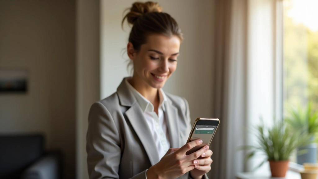 Femme tenant un smartphone affichant une application de suivi budgétaire avec graphiques colorés, assise à un bureau moderne