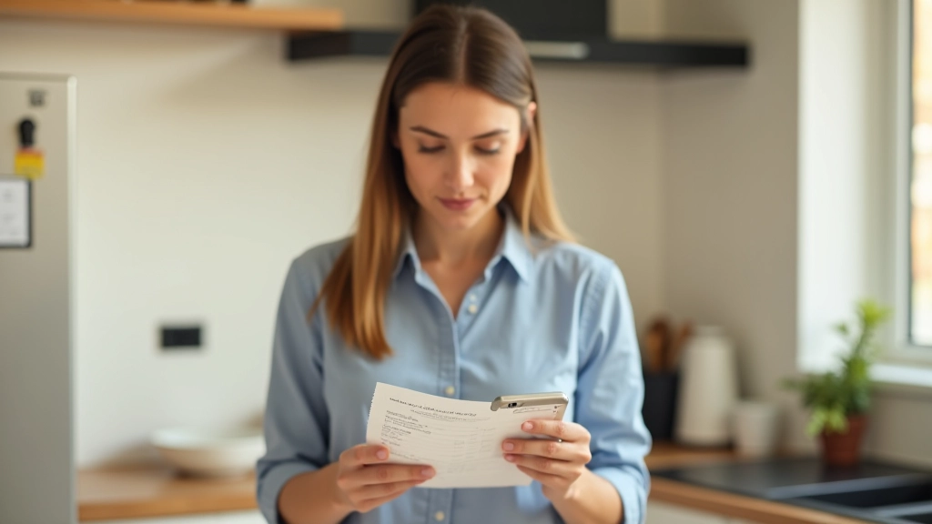 Personne tenant un reçu en papier et vérifiant une liste de courses sur son téléphone portable